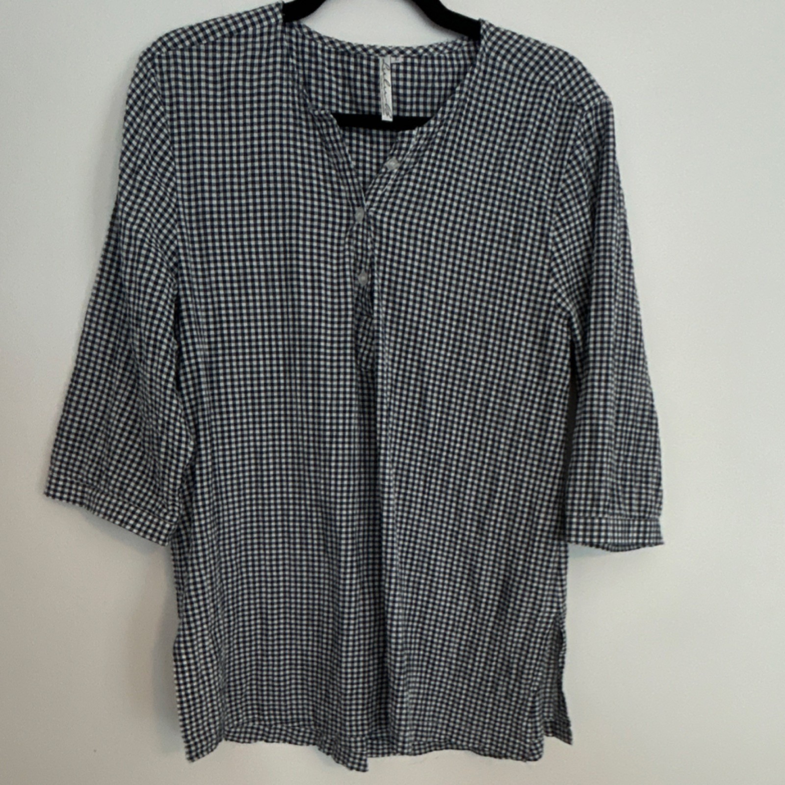 Lulu B Gingham Cotton Button Tunic Blouse V-Neck 3/4 Sleeve Black White L